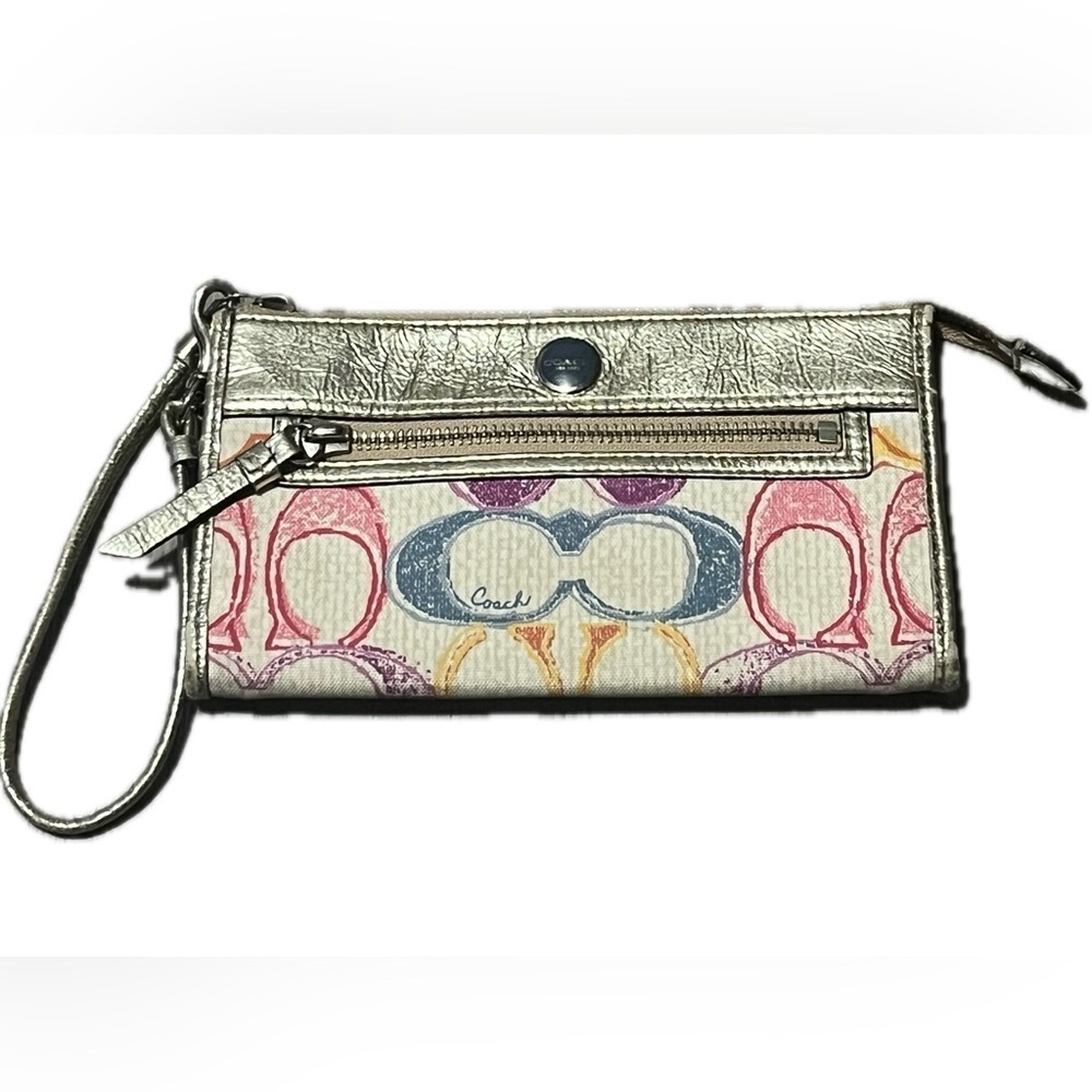 Coach Poppy Dream Graffiti Fabric Metallic Gold Leather Wristlet Wallet - RARE! - Picture 2 of 11